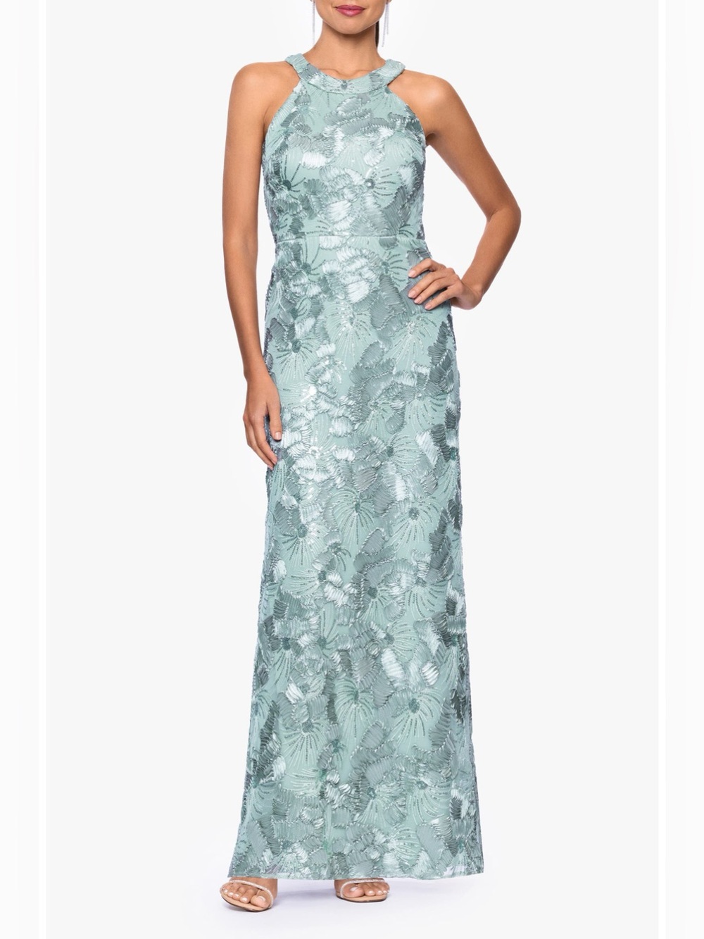 Betsy & Adam Sequin Floral Sleeveless Gown 12